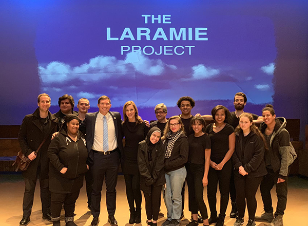 Russell Kavalhuna and Courtney Kavalhuna (fifth and sixth from left) with the cast of HFC's production of <em>The Laramie Project</em>.