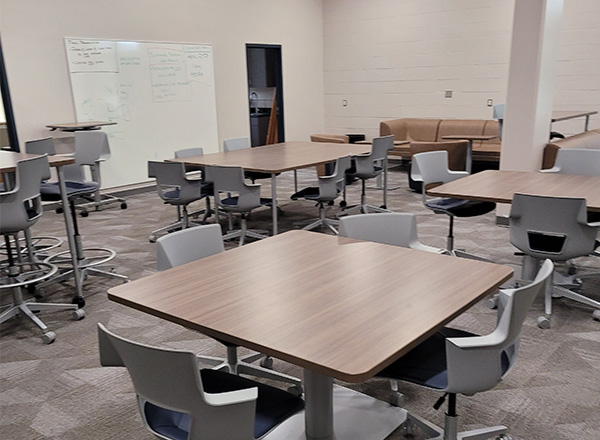 Everything in the hub is new -- high tables, low tables, chairs, couches, kitchenette, office areas, and quiet room.