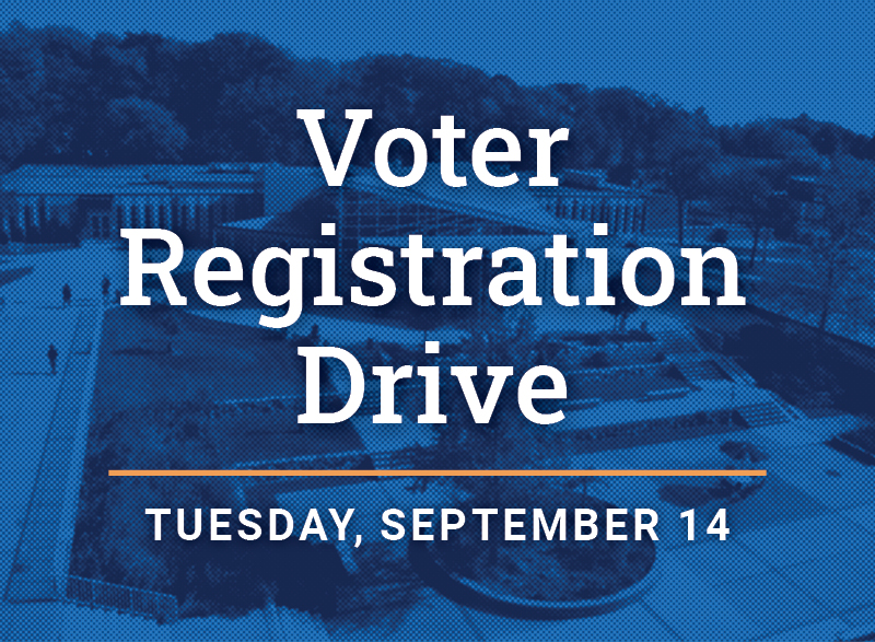A blue graphic of HFC campus with words that read Voter Registration Drive, Tuesday September 14.
