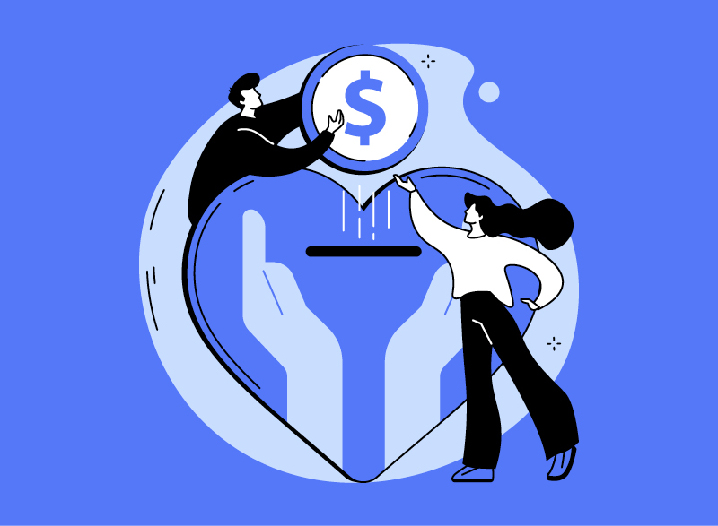 A blue and black illustrated graphic of a person donating money with a heart in the background. 