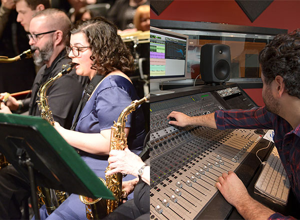 An image of HFC Music students playing the saxophone and an HFC recording arts student.
