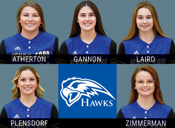 Photo of 5 HFC softball players in a "Brady Bunch" grid formation.