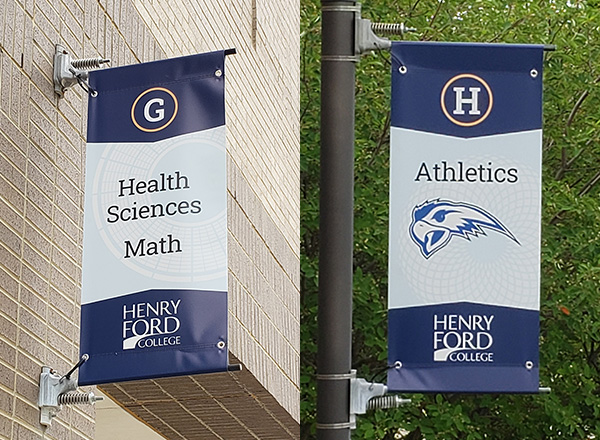 New building and pole banners, close up.