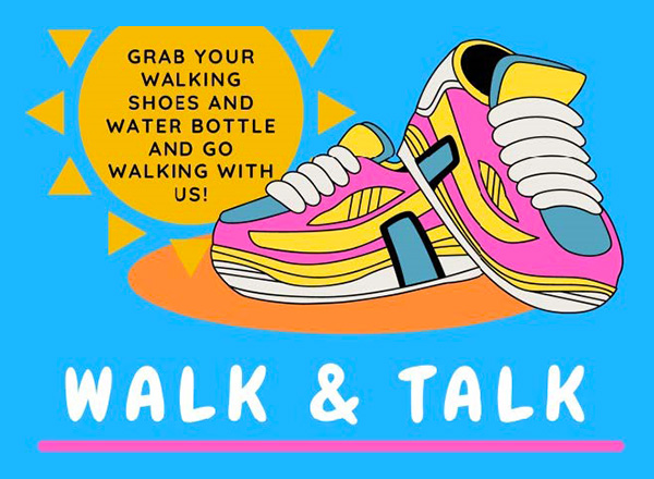 Stylized image of walking shoes, Walk and Talk / water bottle / walk with us!