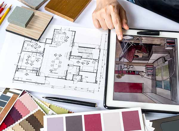 Image of interior design items: floor plans, color samples, photos