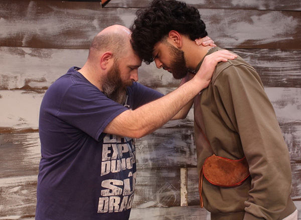 Actors rehearse a scene from "The Passage" where Starbuck (Loay Hennaoui, of Dearborn Heights) begs Captain Ahab (Jim Piché, of Dearborn) to abandon the hunt for Moby Dick before it is too late.
