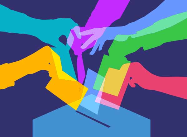 Illustration of colorful hands overlapping to add ballots to a box with a slit.