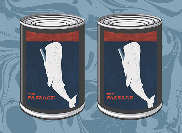 An illustration of two canned food items with The Passage poster as a label.