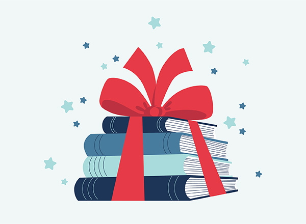 An illustration of books wrapped up in a red bow.