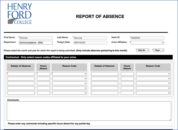Screenshot of top section of report of absence form