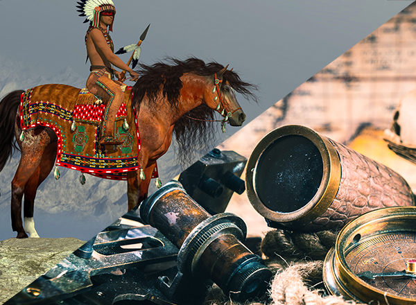 Image of Native American on horse, image of tools of 15th-century maritime navigation