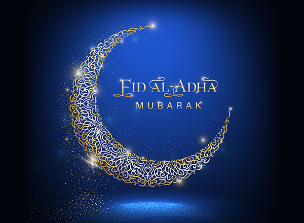 Eid al Adha crescent graphic on blue and black background
