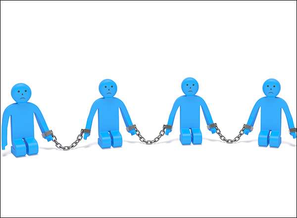 Image of four stylized stick figures with chains holding their wrists together