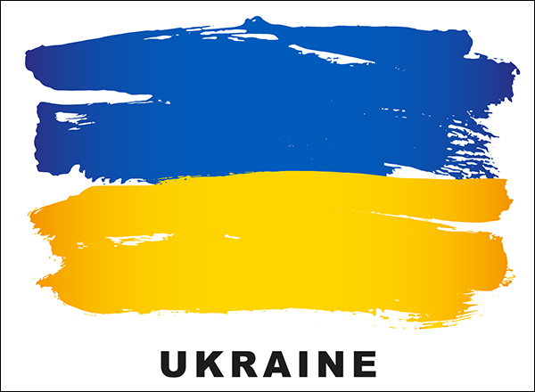 Blue and yellow field with "Ukraine" underneath