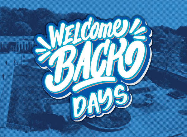 Welcome Back Days graphic over a blue photo of the campus.