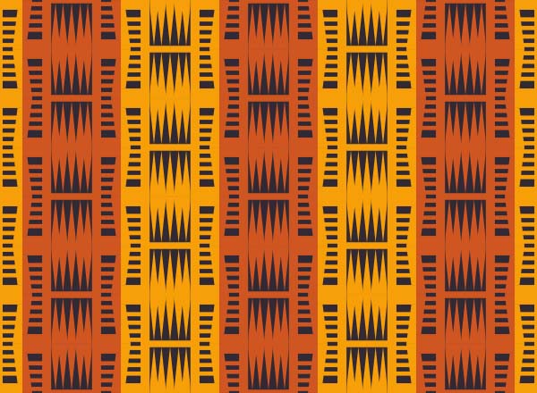Bogolan African print pattern in gold, orange, and black.