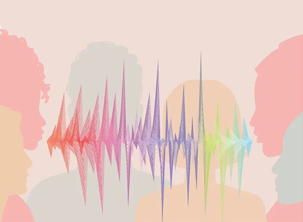 Survivor Voices graphic of silhouetted heads and a colorful sound wave. 