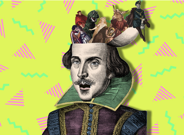 "The Complete Works of William Shakespeare (abridged)" graphic of Shakespeare with his characters surrounding his head.