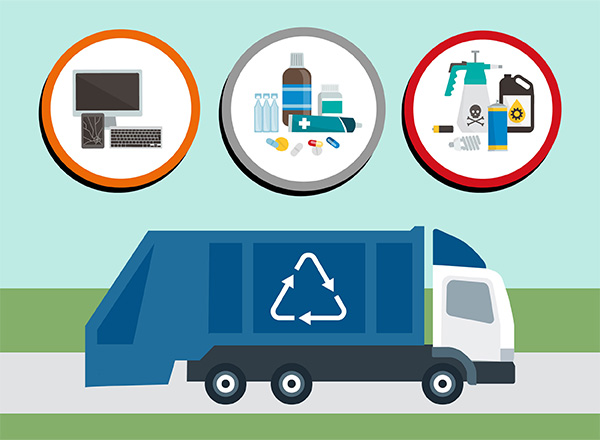 Illustration of waste separation and recycling icon badges with different types of trash above a waste management truck.