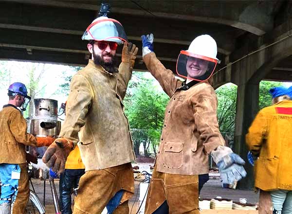 Bryant Bagnall (left) and Alayna Kondraciuk (right) show off the latest fashion trends when pouring metal. 