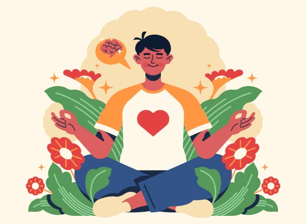 Illustration of a person meditating, surrounded by bright flowers and leaves.