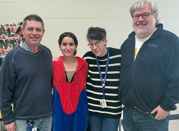 Savanna Vela (in the Spider-Man attire) has been greatly influenced by HFC English instructors (seen here from left to right) Scott Still, Chelsea Lonsdale, and Dr. Mike Hill.
