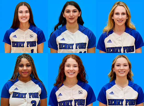 Women's Softball team top row, left to right: Lauren Gannon, Mily Garcia, and Caroline O'Donohue. Bottom Row, left to right: Jada Oliver, Sydney Pease, and Karlee Plensdorf.