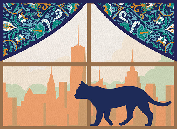 Illustration of Leo the cat walking along a windowsill with the New York skyline in the background.