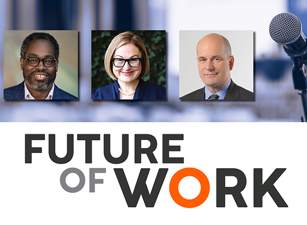 Henderson, Clark, Finley images with microphone and "Future of Work"