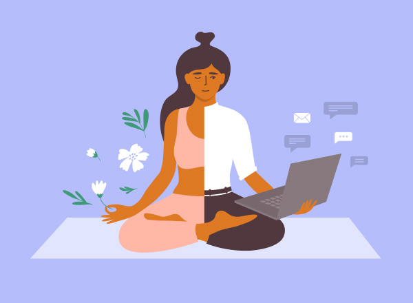 Illustration of work life balance concept with business woman meditating on yoga mat holding a laptop and flower.