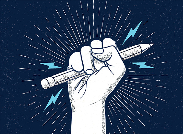Graphic of a fist holding a pencil with light blue lightning and a dark blue background.