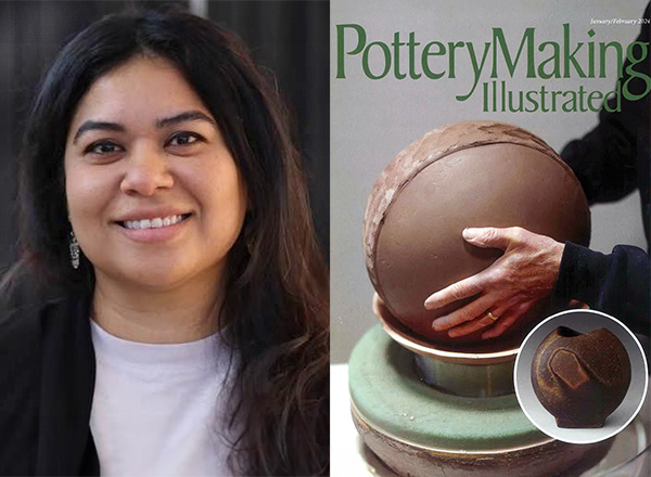 Adriana Sanchez who has long dark hair and wearing a white tee. To the right is the Pottery Making Illustrated magazine cover showing hands working with clay.