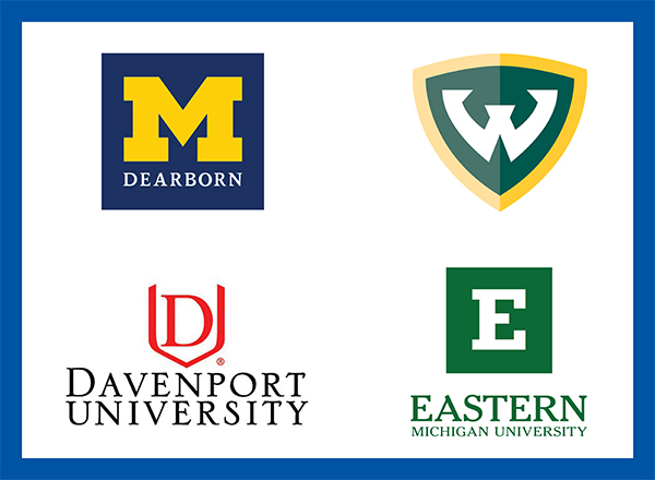 University of Michigan - Dearborn, Wayne State University, Davenport University, and Eastern Michigan University logos