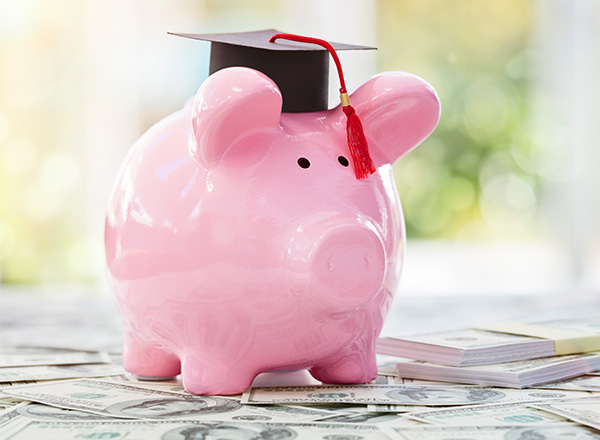 Pink piggy bank with a graduate cap standing on currency.