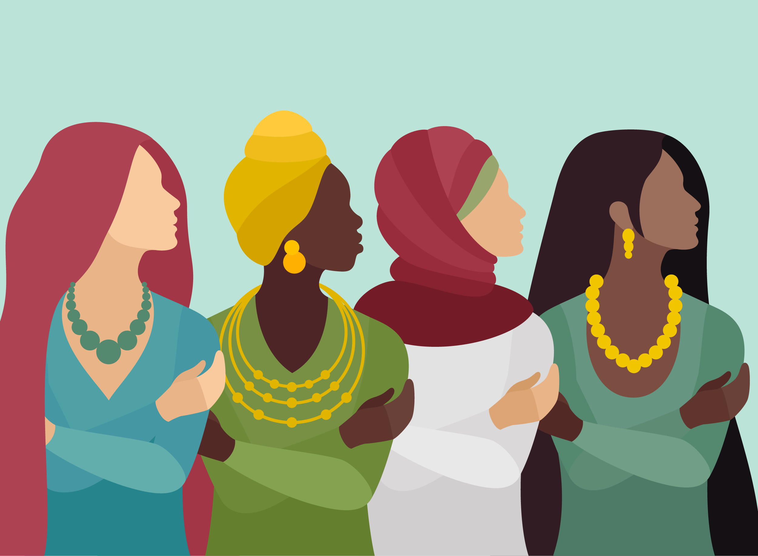 Illustration of multiracial women embracing themselves.