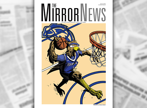 Mirror News cover of an illustrated Hawkster going for a slam dunk with blurred newspapers in the background.