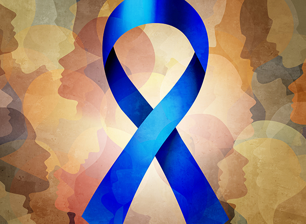blue ribbon surrounded by silhouettes of human forms