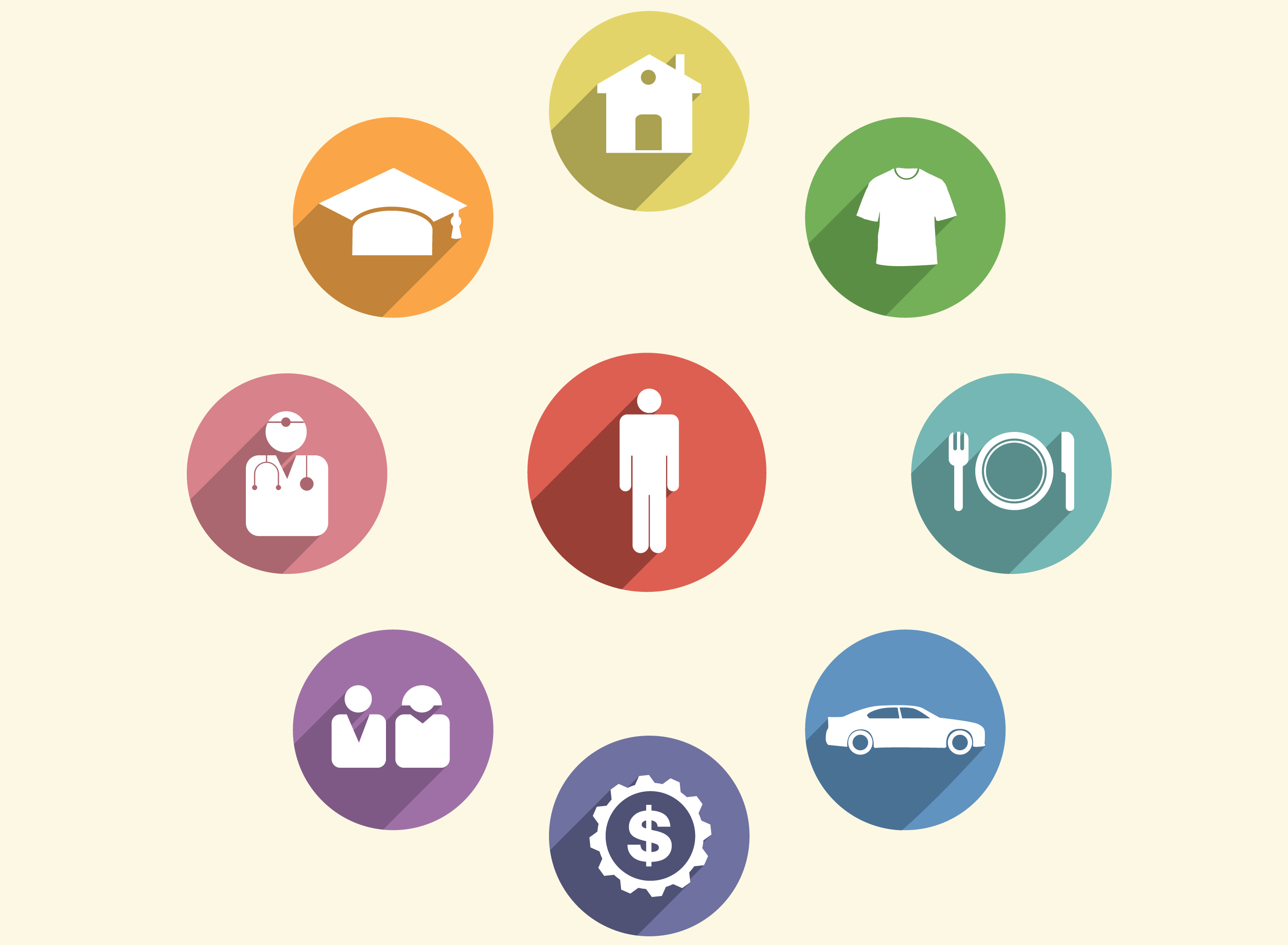 Icons representing basic human needs, such as housing, food, clothing, transportation
