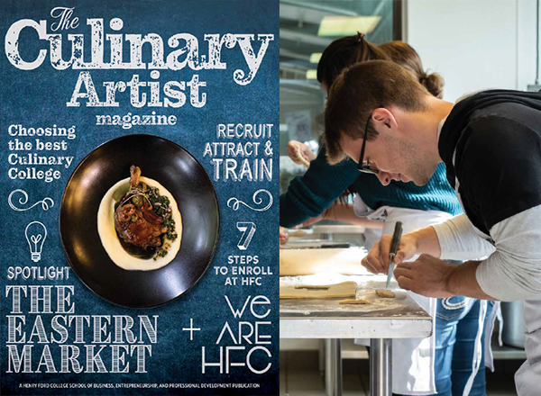 Magazine cover next to student cutting pastry.