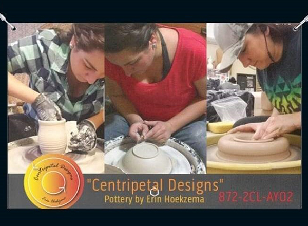 Erin Hoekzema, a professional potter, owns Centripetal Designs. She was originally a criminal justice major and then fell in love with clay, changing her major to ceramics. "The ceramics studio at HFC is amazing!" she said.