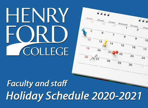 HFC logo, "faculty and staff holiday schedule," calendar