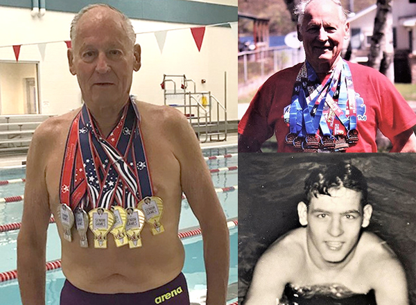 Joel Lockwood, left, with medals he won at the 2019 Senior Olympics. Upper right, Lockwood in 2018 with medals he had won. Lower right, Lockwood in his 1952 form.