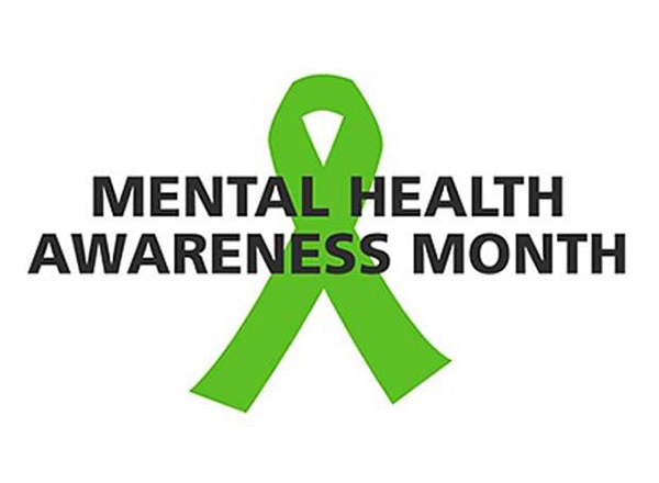 image of a green ribbon with the words "mental health awareness month" on top of it