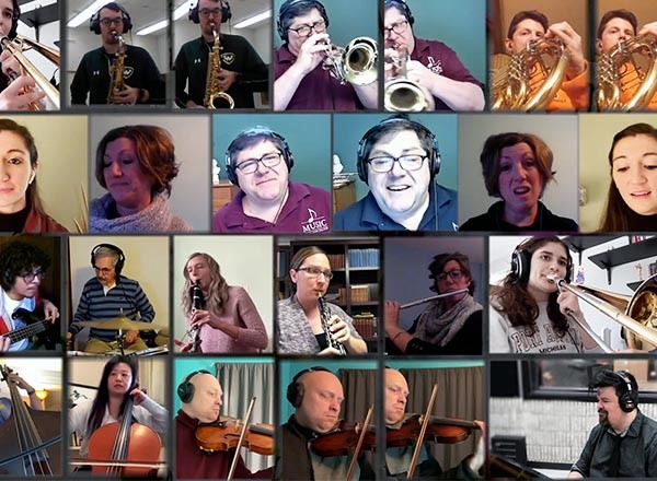 Collage of images of people singing/playing instruments