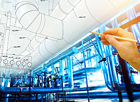 Architectural drawing juxtaposed with photo of factory