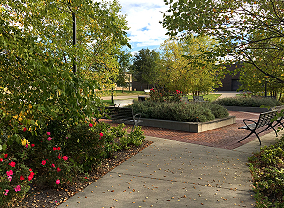HFC outside seating area surrounded by various plants, flowers, and trees