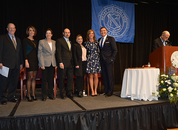 Board members Michael Meade, Celia Nasser, Mary Petlichkoff, James Thorpe, and Fadwa Hammoud joined Courtney Kavalhuna, Russell Kavalhuna and MC John McDonald on the dais.