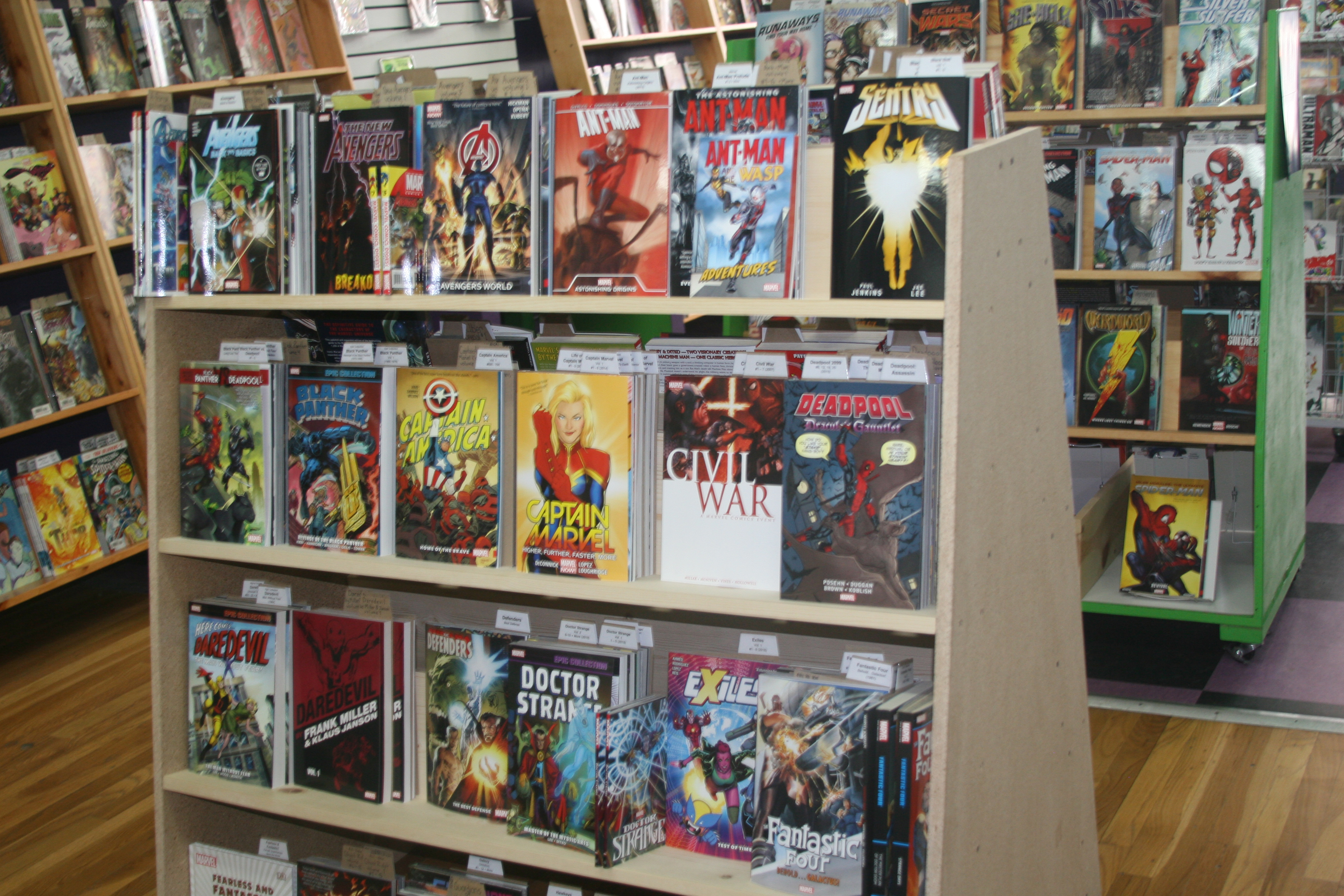 One of the display shelves at Green Brain Comics. 