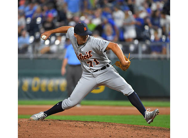 HFC alumnus John Schreiber, who now plays for the Detroit Tigers, prepares to strike out a batter. 