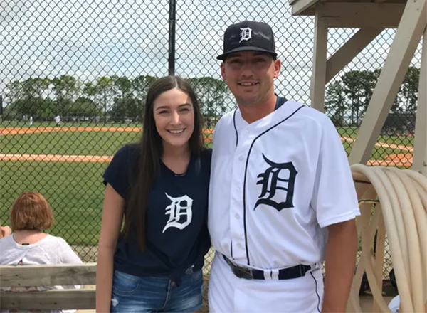 John Schreiber and his wife, Rebecca, after he proposed at Comerica Park. Photo courtesy Detroit News.